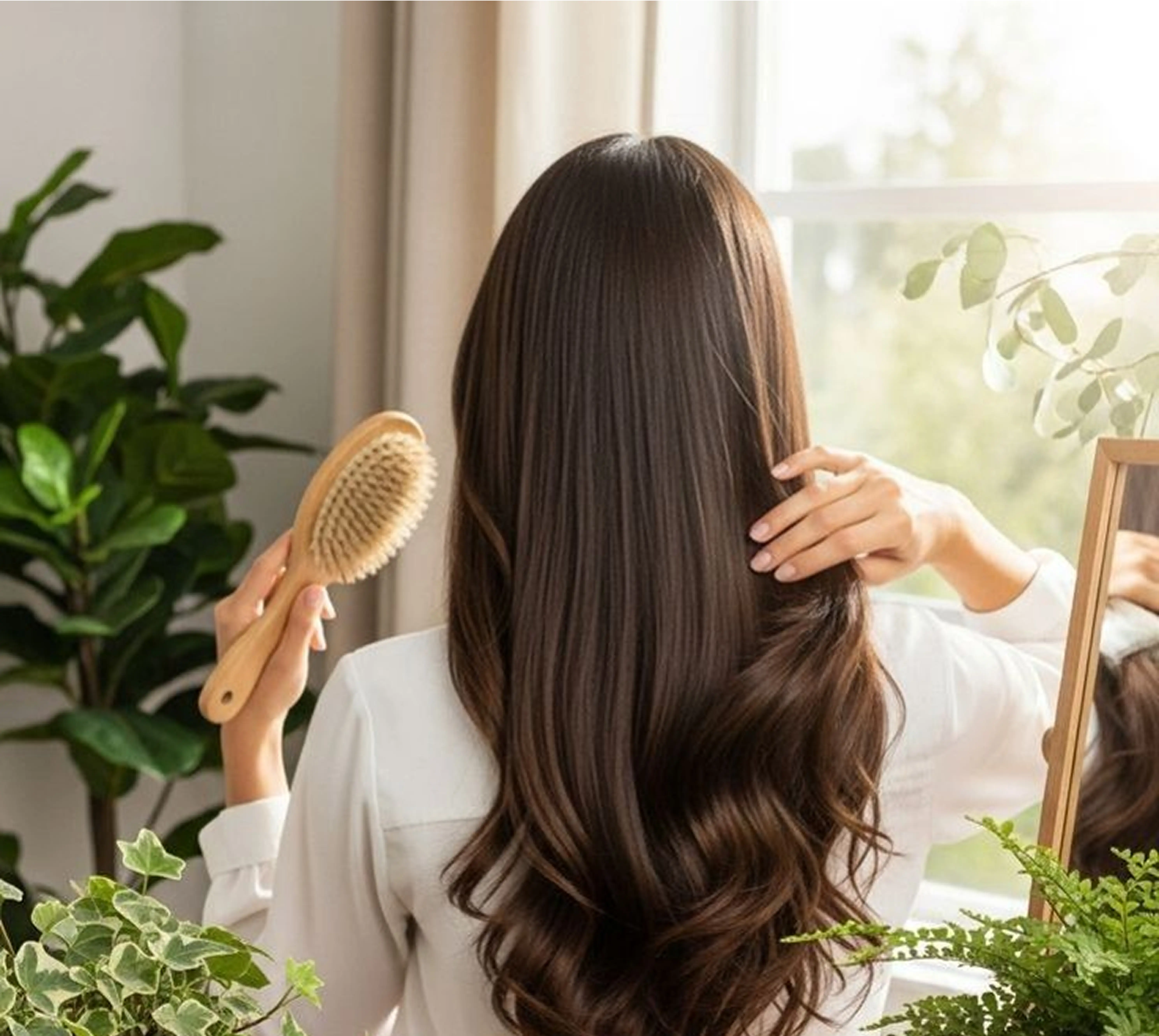 Healthy long hair being brushed in front of a mirror